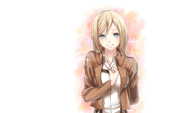 HD anime wallpaper featuring Historia Reiss from Attack on Titan, showcasing her with a gentle expression and Survey Corps uniform against a soft, pastel background.
