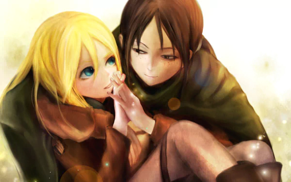 HD anime desktop wallpaper of Ymir and Historia Reiss from Attack on Titan, depicting a tender moment between the two characters.