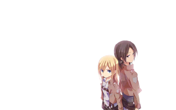 HD PC desktop wallpaper of Ymir and Historia Reiss (Attack on Titan) in anime style, standing together against a minimalist white background.