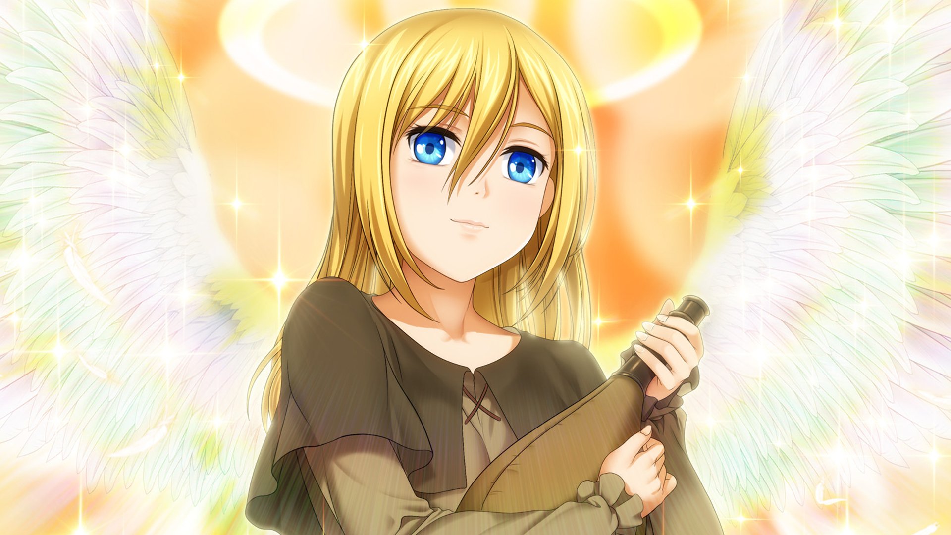 HD PC desktop wallpaper of Historia Reiss from the anime Attack on Titan, featuring her with angelic wings and a glowing background.