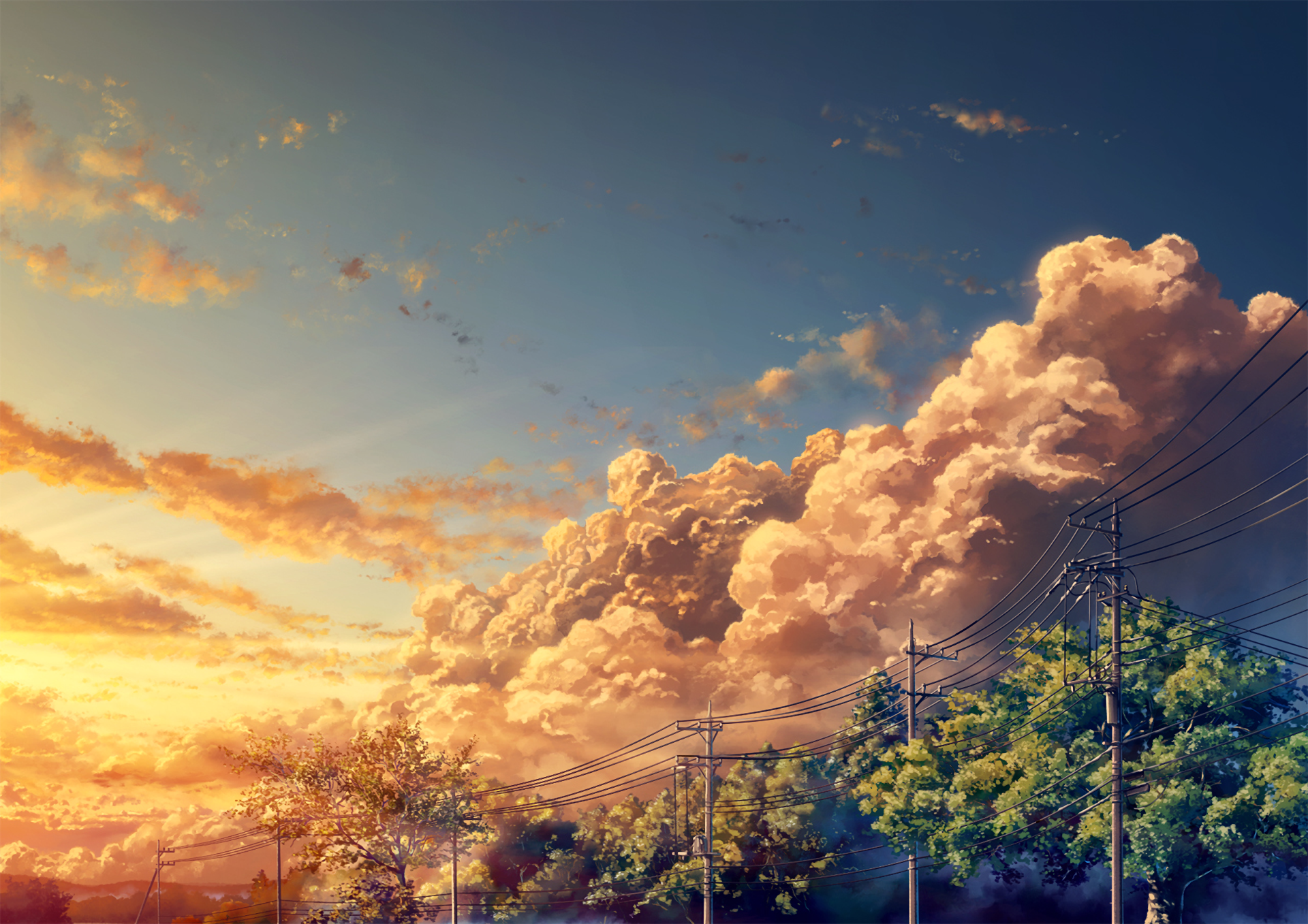 HD wallpaper of a stunning sunset sky with fluffy clouds, electric poles, and lush green trees, creating a serene anime-inspired landscape.