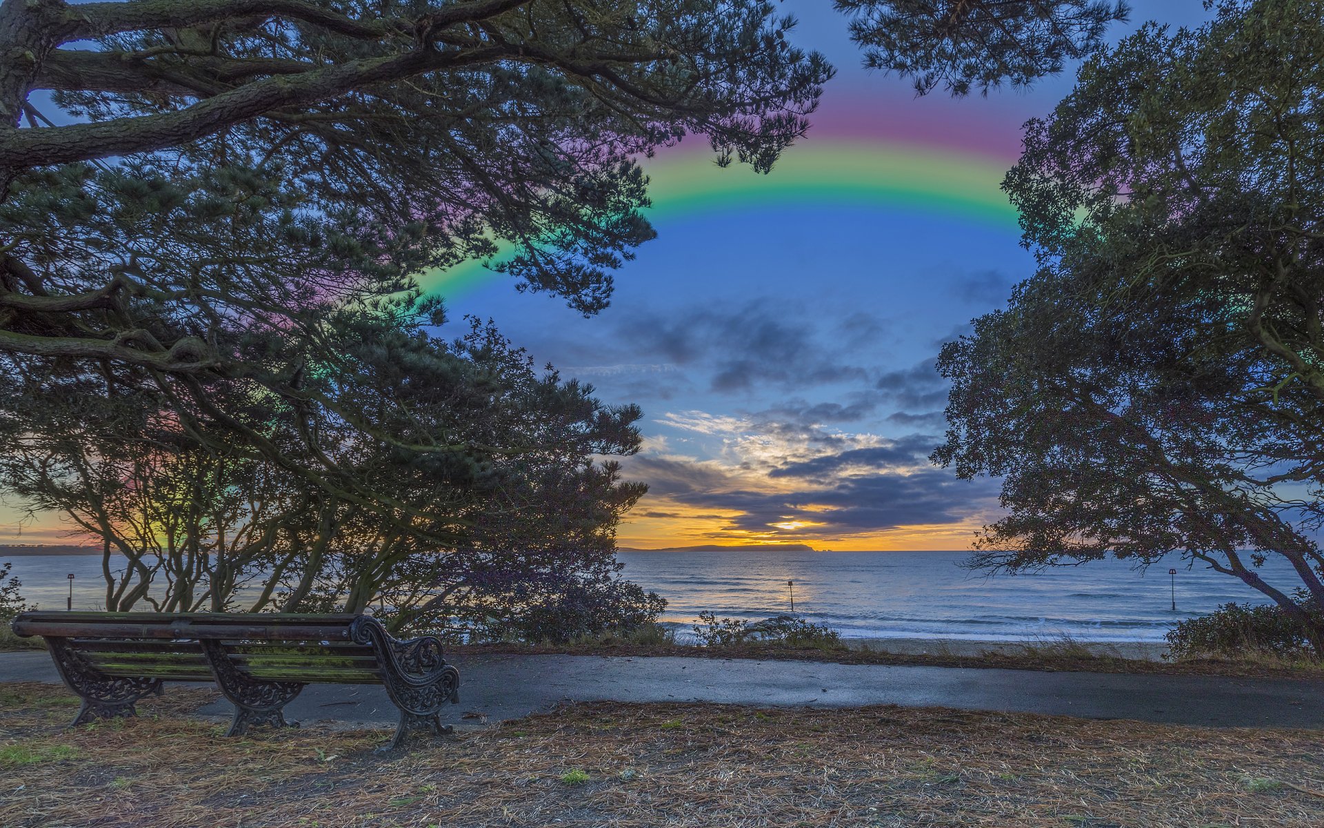 A serene HD desktop wallpaper of a lakeside bench under a tree, with a vibrant rainbow arching over the lake, framed by lush spring foliage against a beautiful twilight sky.