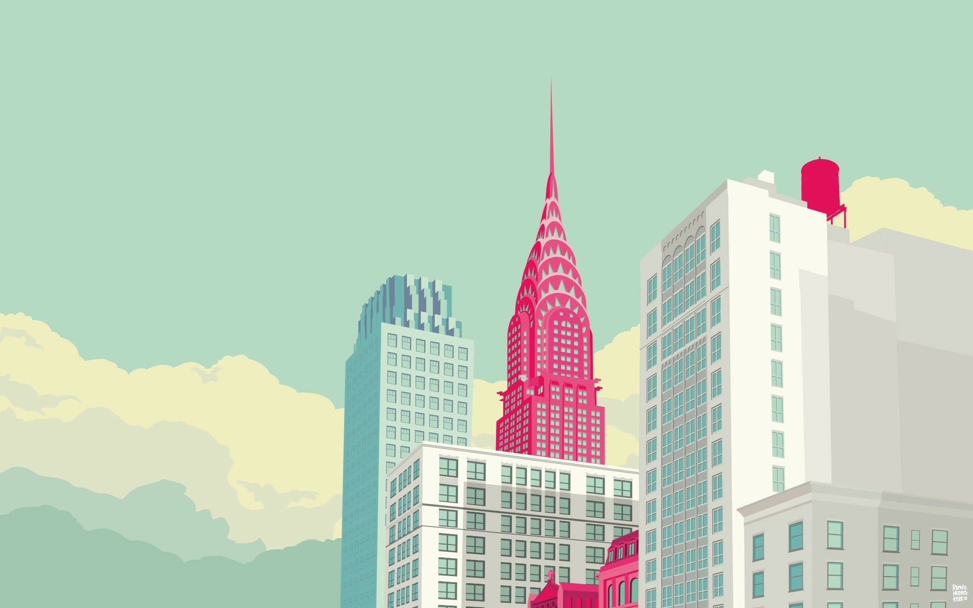 Artistic HD desktop wallpaper depicting the Empire State Building and surrounding New York City skyline in a stylized, colorful design.