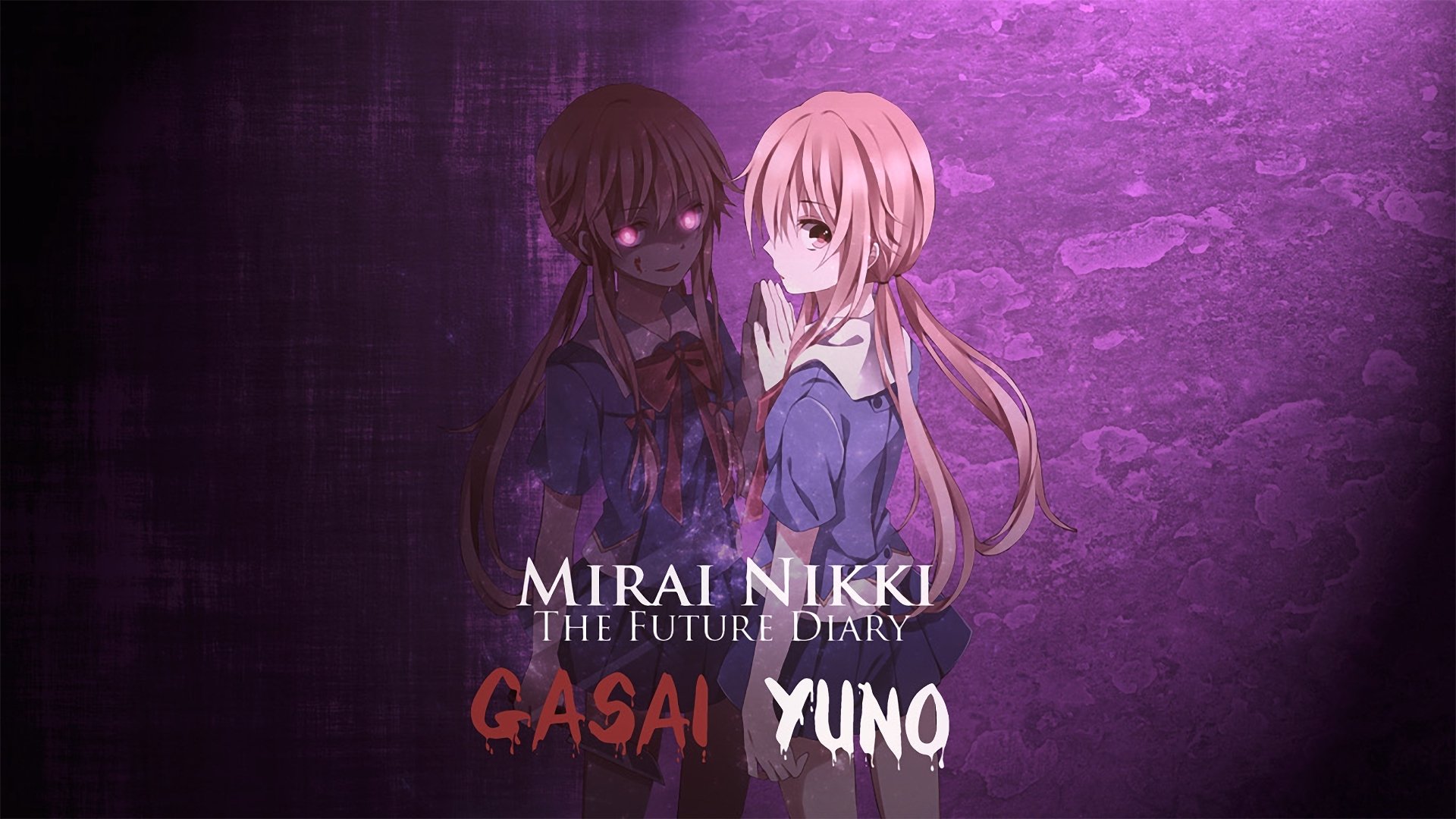 HD PC desktop wallpaper of Yuno Gasai from the anime Mirai Nikki, featuring her dual dark and light personas against a purple textured background.