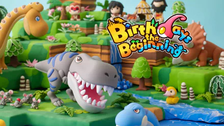 HD desktop wallpaper of Birthdays the Beginning game showcasing colorful dinosaurs and other creatures in a whimsical landscape.