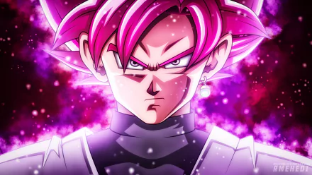 Anime-inspired 4K Ultra HD Dragon Ball Super wallpaper featuring a fierce character with glowing pink hair and intense expression against a vibrant cosmic background.
