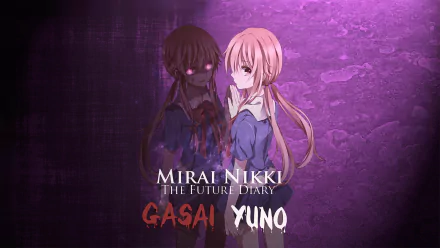 HD PC desktop wallpaper of Yuno Gasai from the anime Mirai Nikki, featuring her dual dark and light personas against a purple textured background.