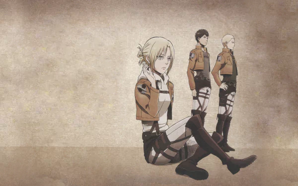 HD desktop wallpaper featuring Reiner Braun, Bertholdt Hoover, and Annie Leonhart from the anime Attack on Titan, set against a textured beige background.