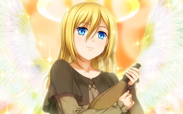 HD PC desktop wallpaper of Historia Reiss from the anime Attack on Titan, featuring her with angelic wings and a glowing background.