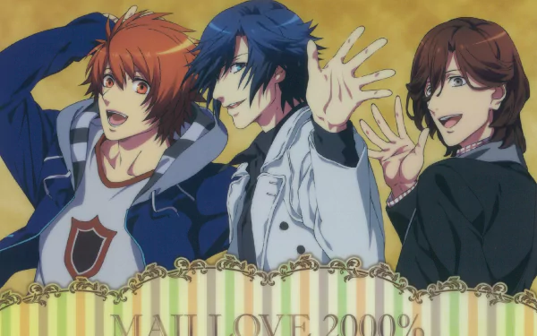 HD PC wallpaper featuring Kotobuki Reiji, Ittoki Otoya, and Ichinose Tokiya from the anime Uta no Prince-sama, smiling together on a decorative background.