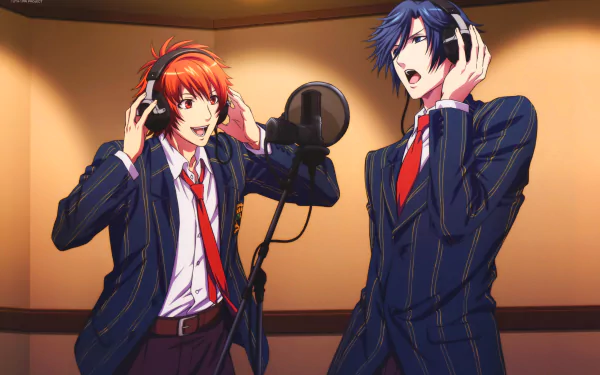 5K Ultra HD PC wallpaper of Ittoki Otoya and Ichinose Tokiya (Uta no Prince-sama) singing into a studio microphone, wearing striped suits and headphones