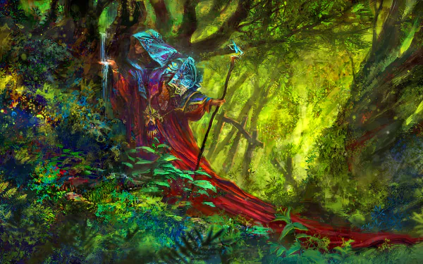 staff cape forest fantasy woman HD Desktop Wallpaper | Background Image