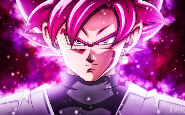 Anime-inspired 4K Ultra HD Dragon Ball Super wallpaper featuring a fierce character with glowing pink hair and intense expression against a vibrant cosmic background.