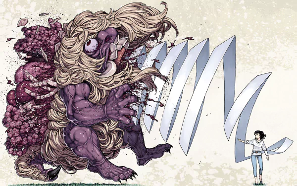 Anime Tsugumomo 2K Quad HD PC wallpaper: a massive purple beast with flowing blond hair and bulbous fungi confronts a small boy wielding long white ribbon-like blades.