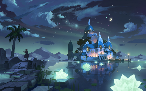 Anime Original Fantasía Noche Castillo Reflejo Cielo Edificio Nube Fondo de pantalla HD | Fondo de Escritorio