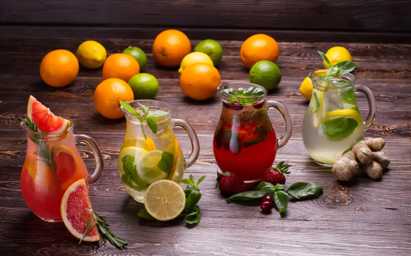 A vibrant 4K Ultra HD wallpaper featuring refreshing drinks garnished with grapefruit, strawberry, lemon, and fresh herbs on a rustic wooden table with assorted citrus fruits.