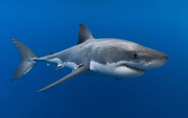 4K Ultra HD PC desktop wallpaper featuring a great white shark swimming through deep blue underwater sea life.