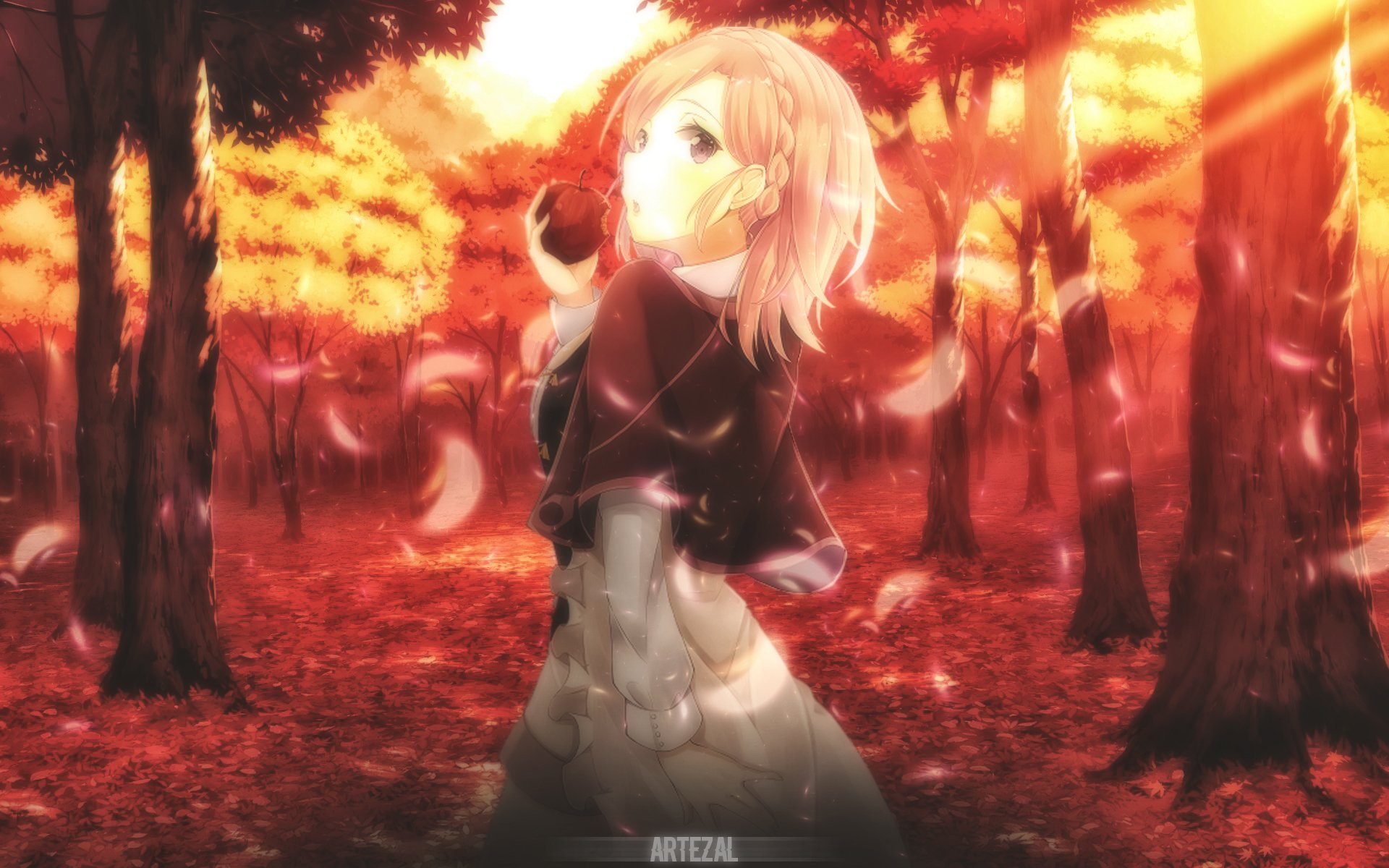 HD anime desktop wallpaper featuring a girl with light hair standing in a vibrant autumn forest, surrounded by warm orange and red foliage.