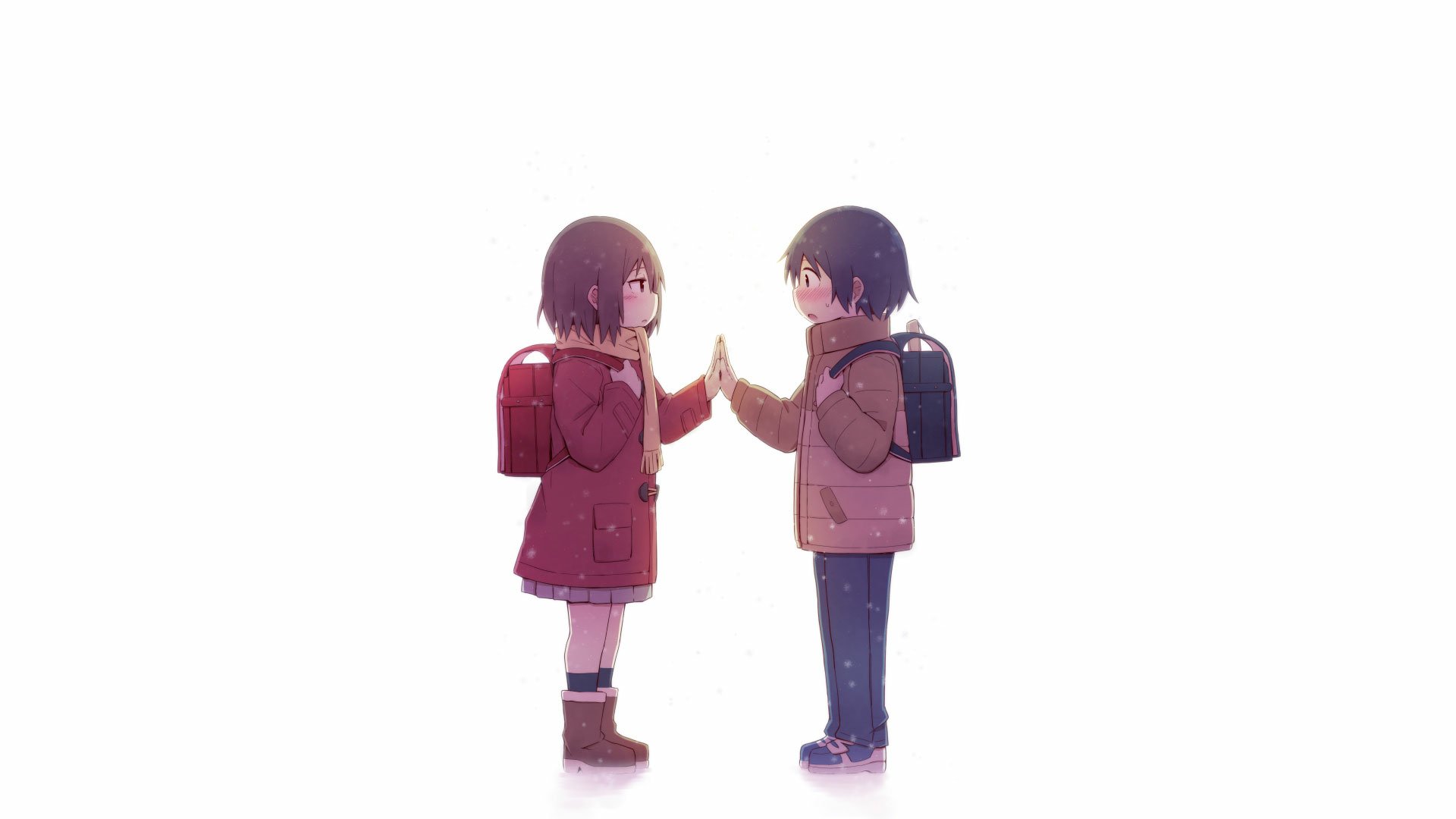 HD PC desktop wallpaper featuring Satoru Fujinuma and Kayo Hinazuki from the anime Erased, standing face-to-face with hands touching.