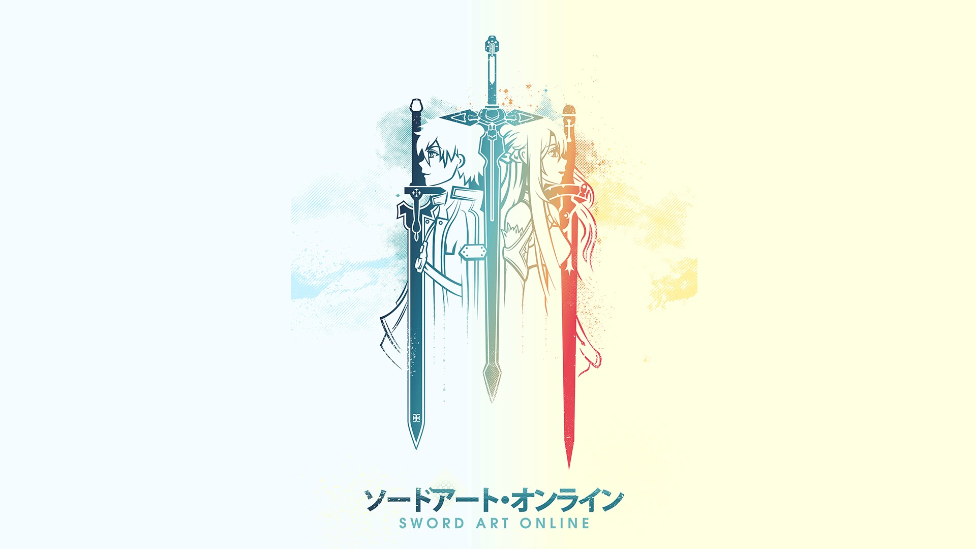 HD PC desktop wallpaper featuring minimalist Anime art from Sword Art Online with three swords and characters in soft blue and orange tones.