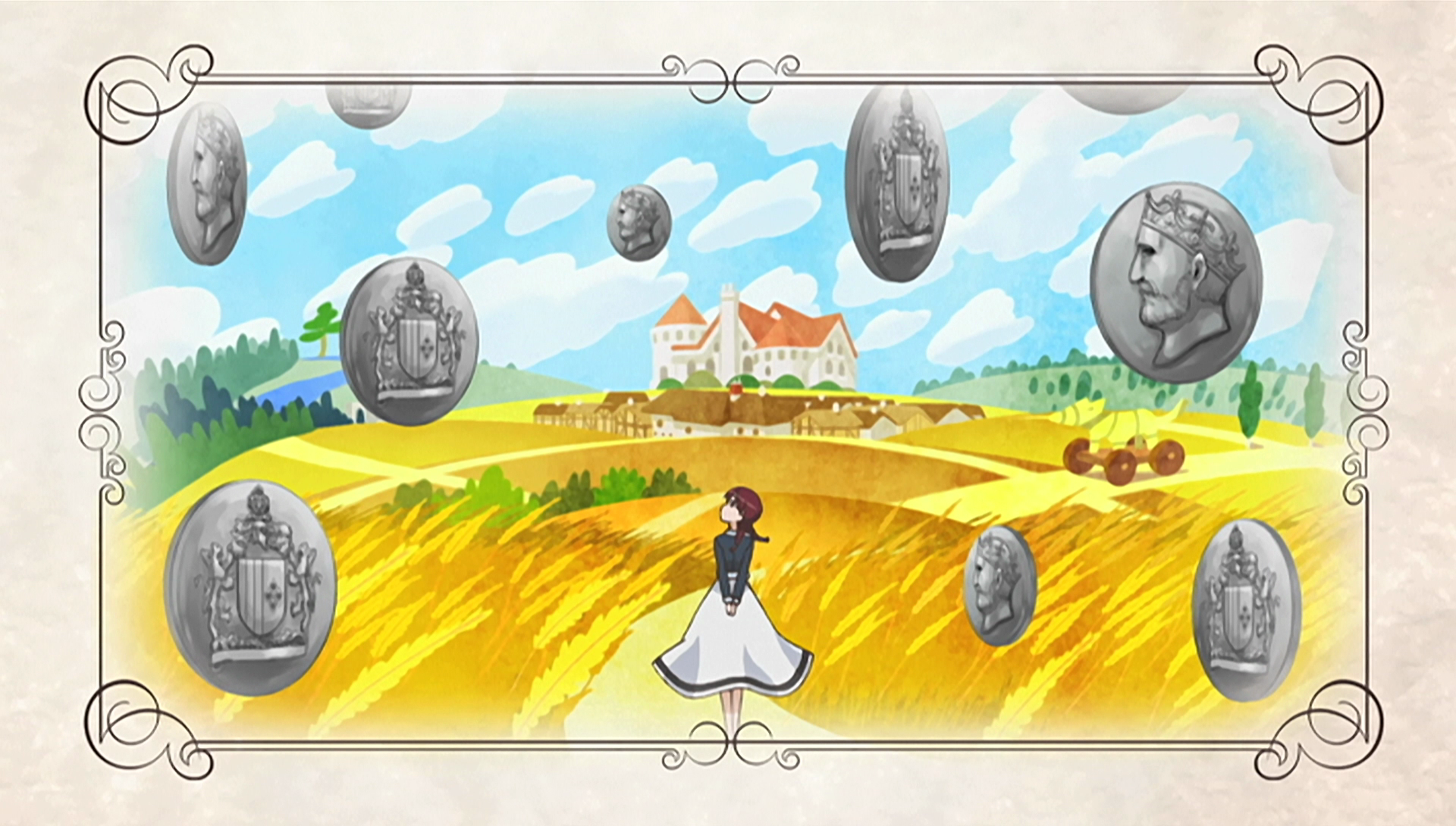 Anime HD PC desktop wallpaper — Spice and Wolf: Holo in a white dress crosses golden wheat fields toward a distant village, silver coins float around within an ornate framed border.