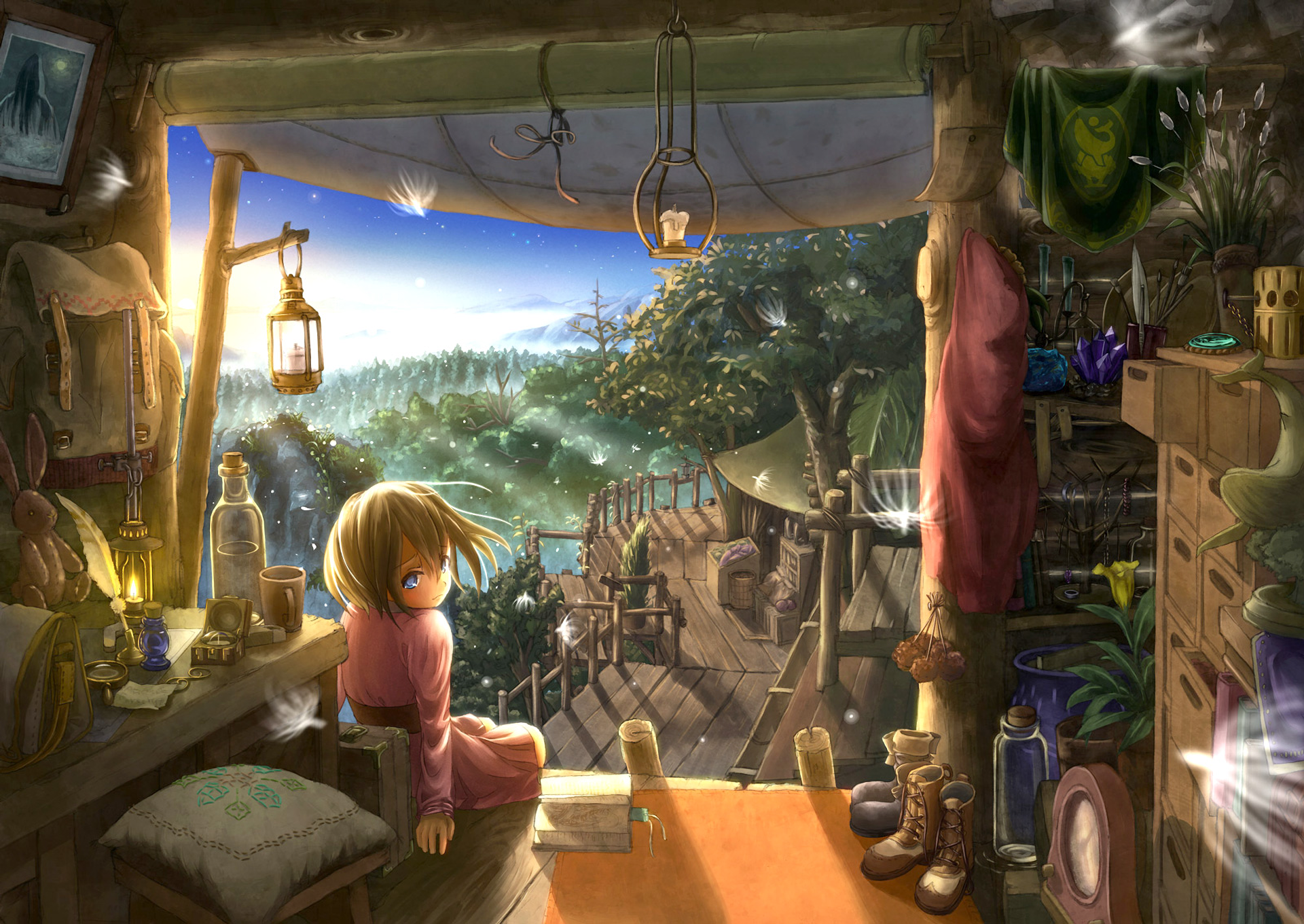An enchanting anime scene of a young character sitting in a cozy, rustic room, overlooking a lush, dreamy forest. The tranquil setting glows with warm light, making it a captivating HD desktop wallpaper and background.