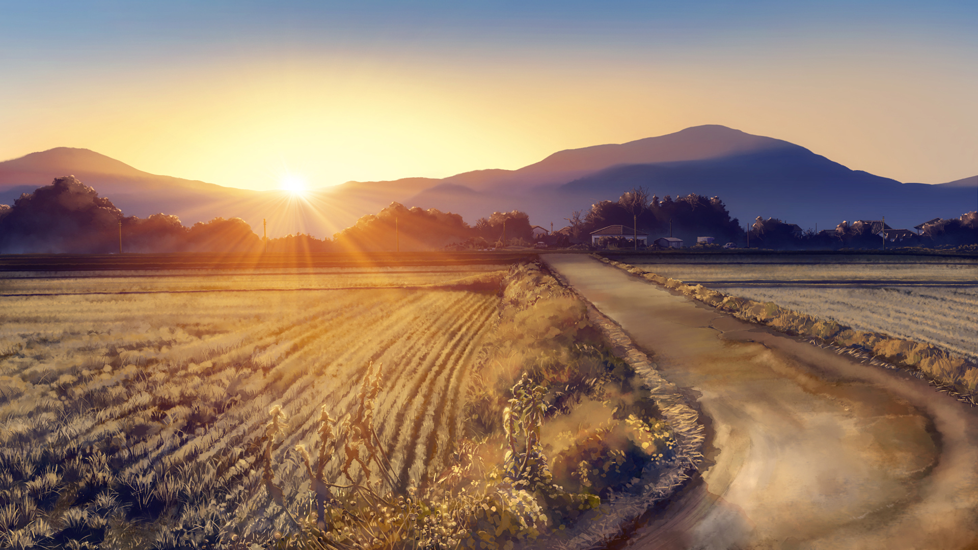 Sunset over a picturesque rural landscape with fields and mountains, beautifully rendered in an anime style. This HD original artwork makes for a stunning desktop wallpaper and background.