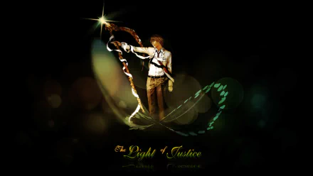HD PC desktop wallpaper featuring Light Yagami from Death Note, holding a glowing object with The Light of Justice text beneath him in a dark, dramatic anime style.