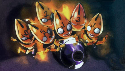 HD PC desktop wallpaper — Anime: Sex Pistols (JoJo's Bizarre Adventure) — numbered orange teardrop-shaped stand figures swarming a purple bullet amid a fiery backdrop.