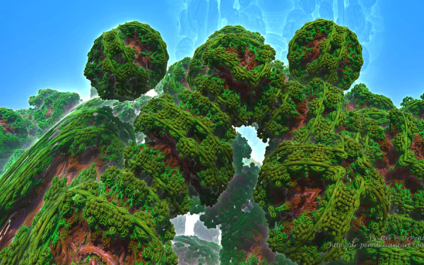 HD 3D Mandelbulb fractal CGI: green abstract mossy spheres and arches rising against a bright blue sky — PC desktop wallpaper/background