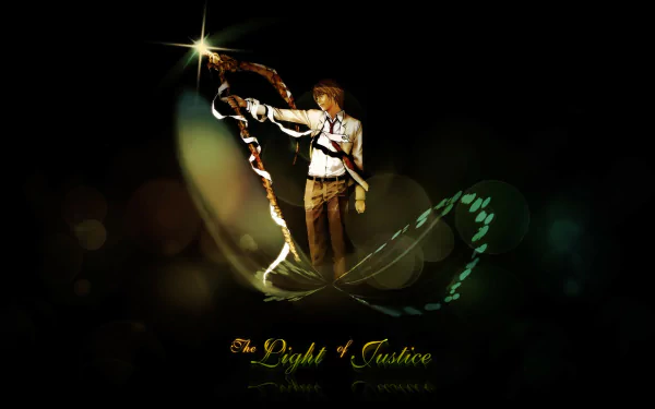 HD PC desktop wallpaper featuring Light Yagami from Death Note, holding a glowing object with The Light of Justice text beneath him in a dark, dramatic anime style.
