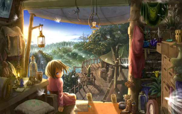 An enchanting anime scene of a young character sitting in a cozy, rustic room, overlooking a lush, dreamy forest. The tranquil setting glows with warm light, making it a captivating HD desktop wallpaper and background.