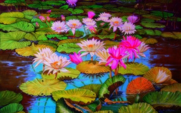 Artístico Flor Flores Loto Pond Lily Pad Pintura Pink Flower Naturaleza Fondo de pantalla HD | Fondo de Escritorio