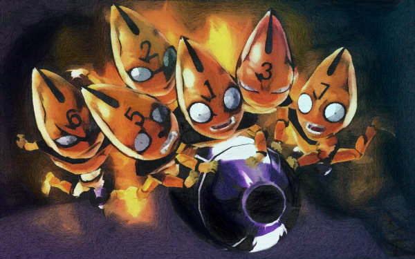 HD PC desktop wallpaper — Anime: Sex Pistols (JoJo's Bizarre Adventure) — numbered orange teardrop-shaped stand figures swarming a purple bullet amid a fiery backdrop.