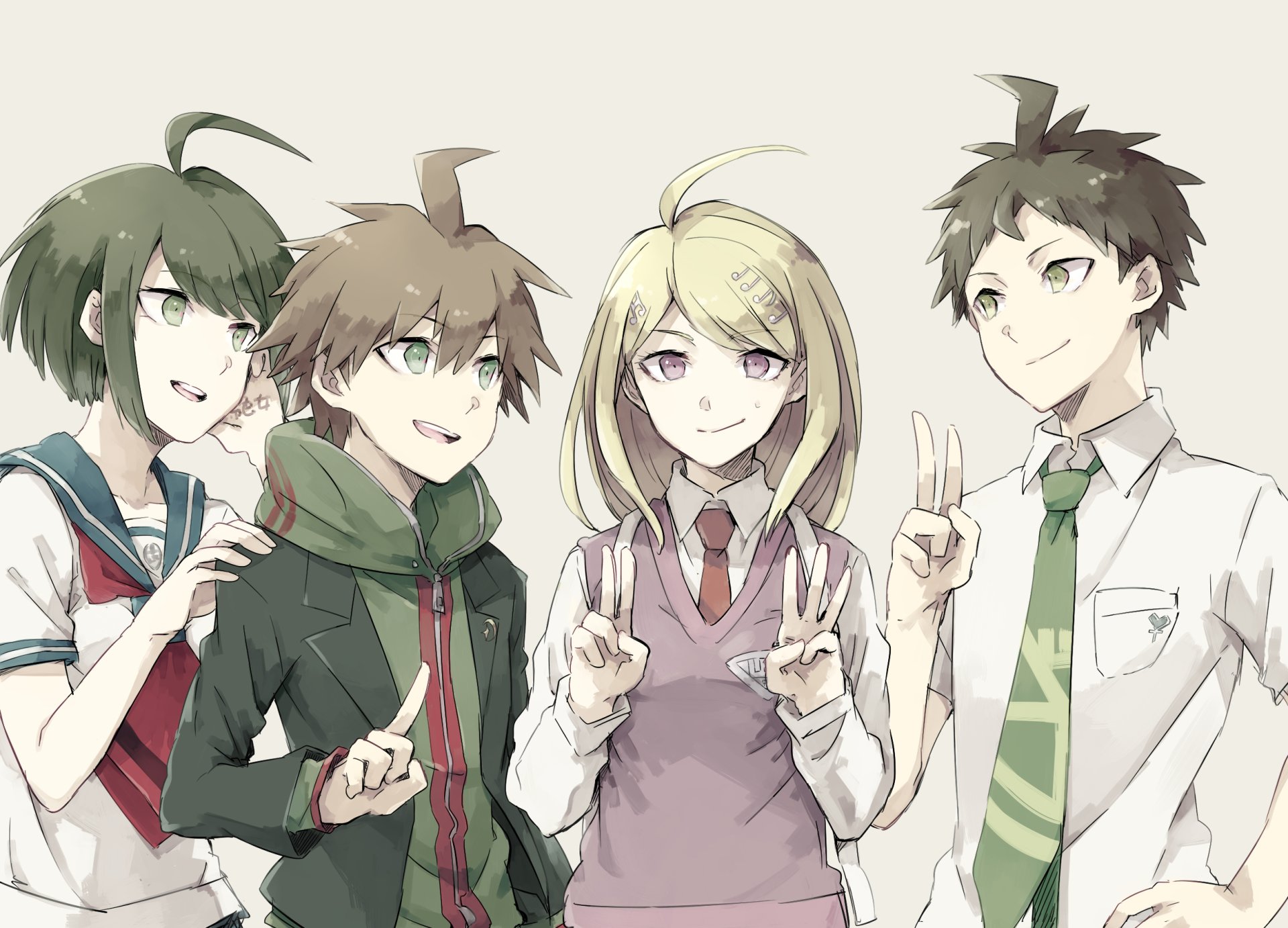 HD anime wallpaper featuring Hajime Hinata, Kaede Akamatsu, Komaru Naegi, and Makoto Naegi in school uniforms, showcasing green and red eyes with varied hair colors and smiles.
