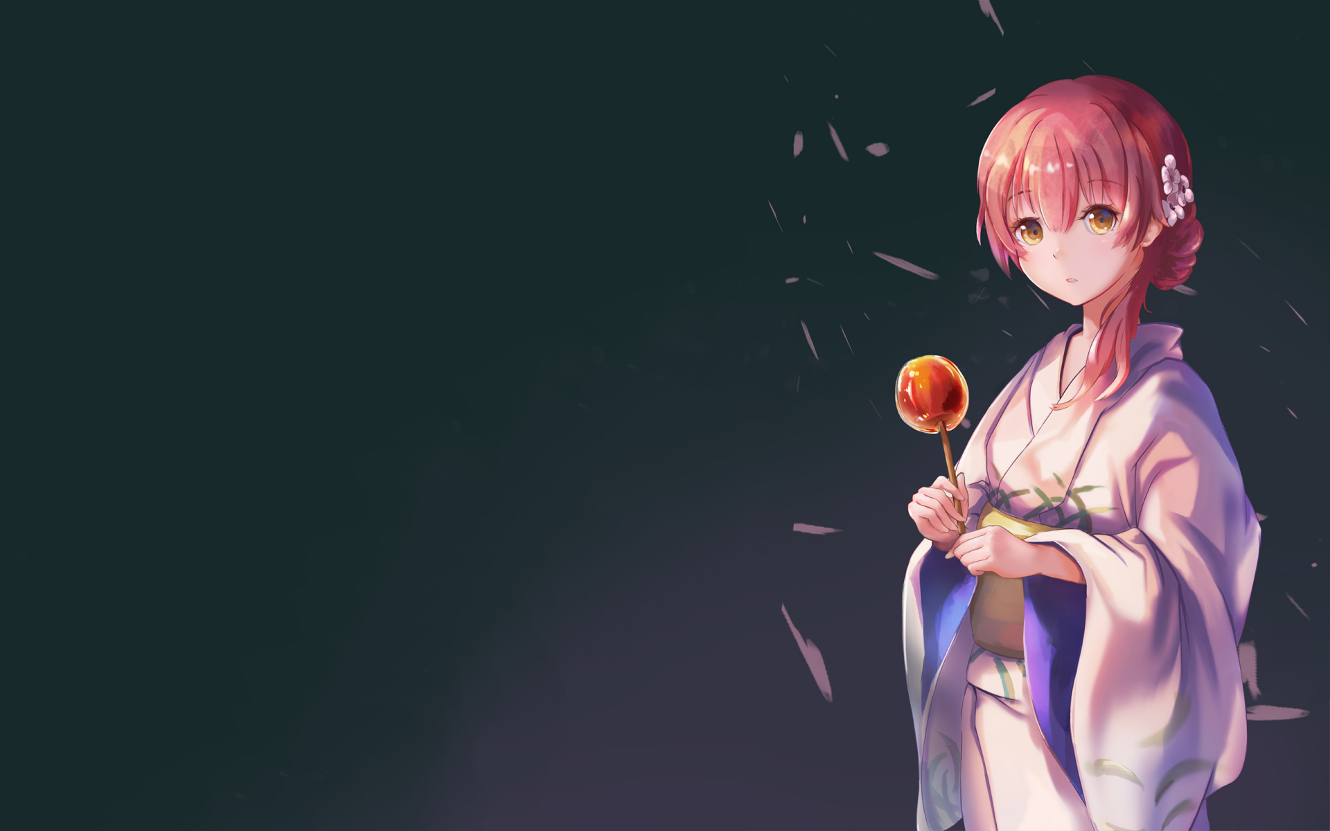 HD desktop wallpaper featuring Shouko Nishimiya from the anime A Silent Voice, standing with a candy apple in hand against a dark backdrop.