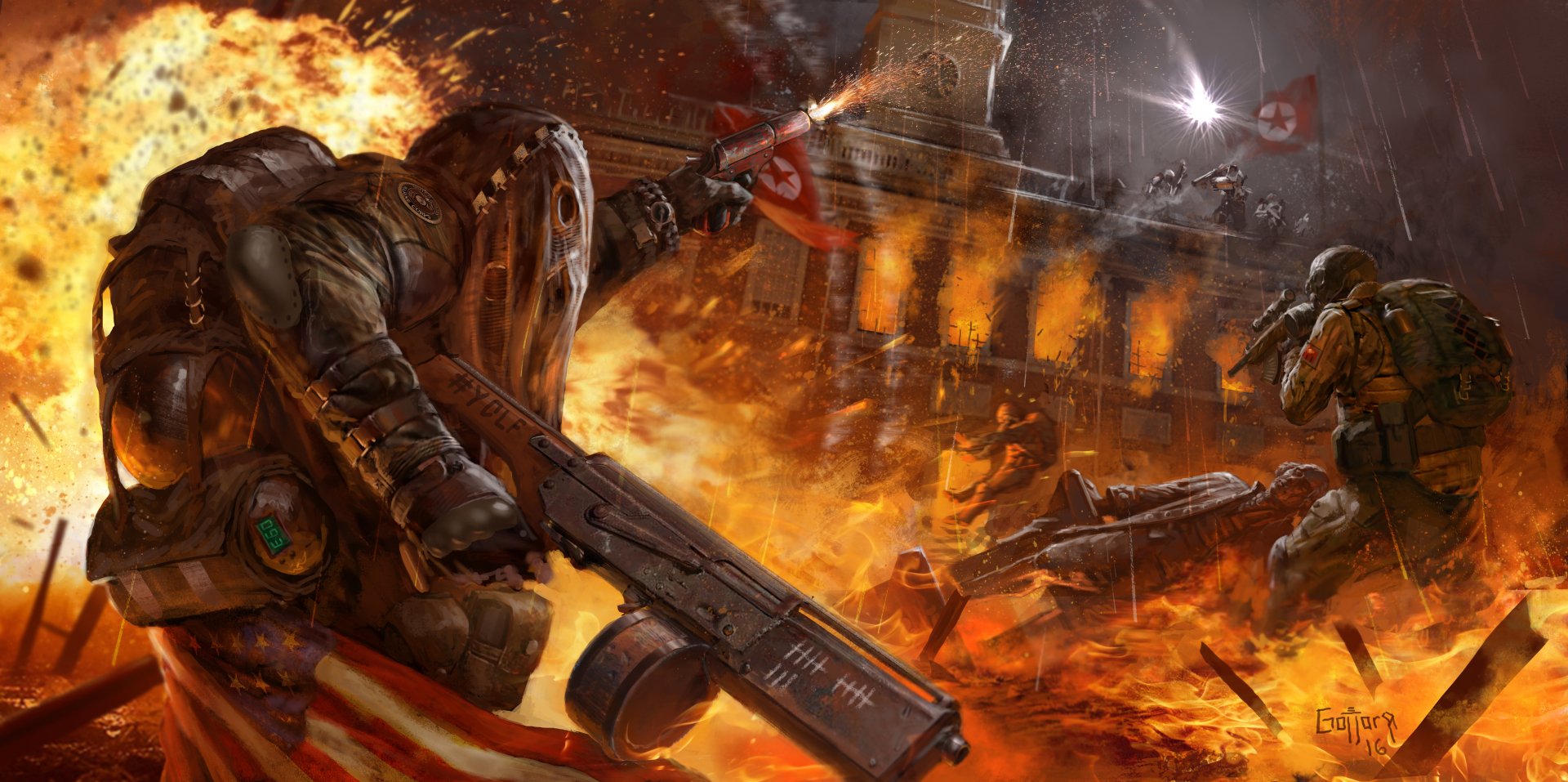 Homefront: The Revolution video game 5K Ultra HD PC wallpaper: armed soldiers firing amid urban battle, explosions and raging fires engulfing a burning cityscape, flags and debris fly through smoke.