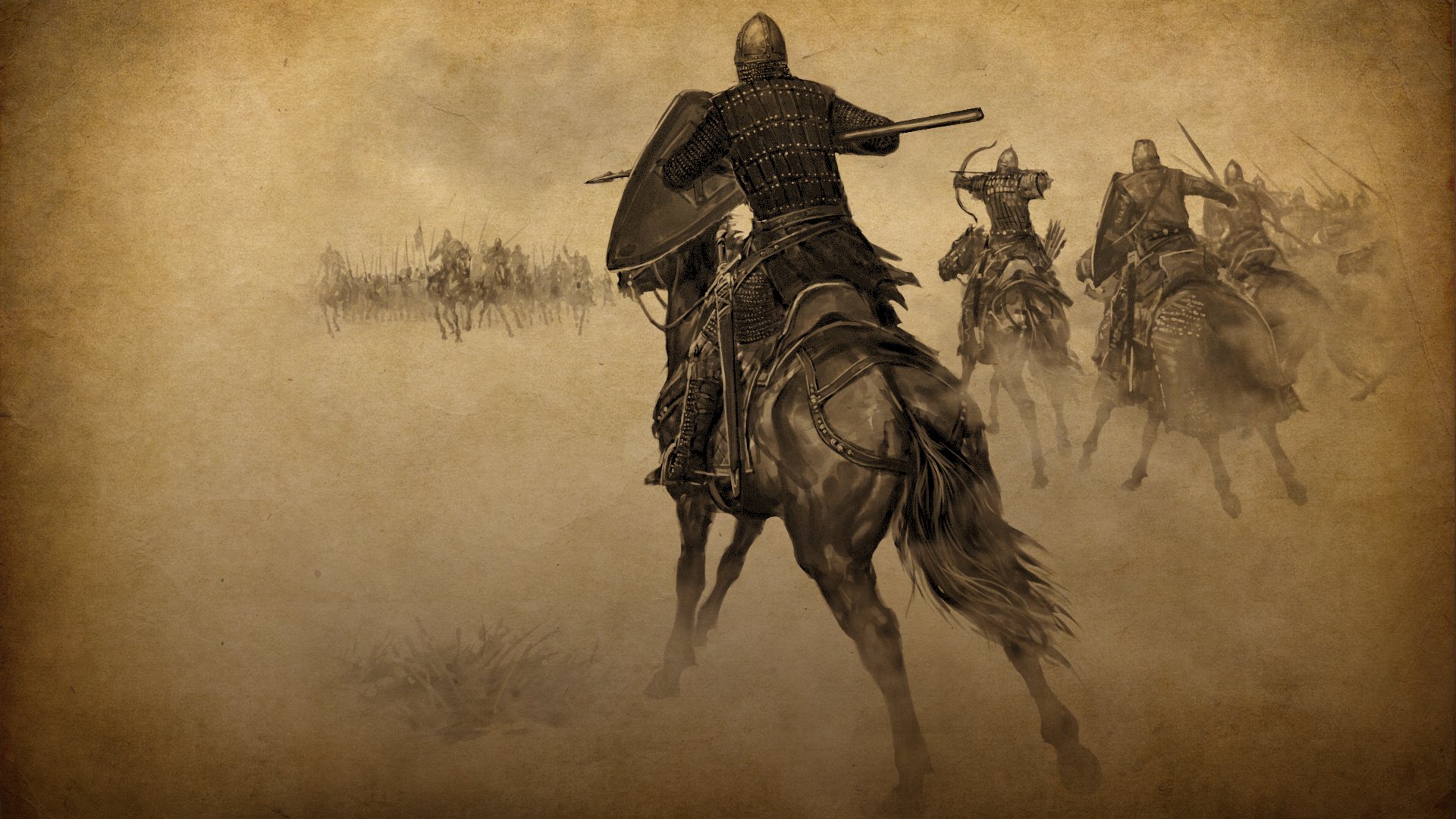 HD PC desktop wallpaper from the video game Mount & Blade, depicting armored warriors on horseback charging into battle through a dusty battlefield.