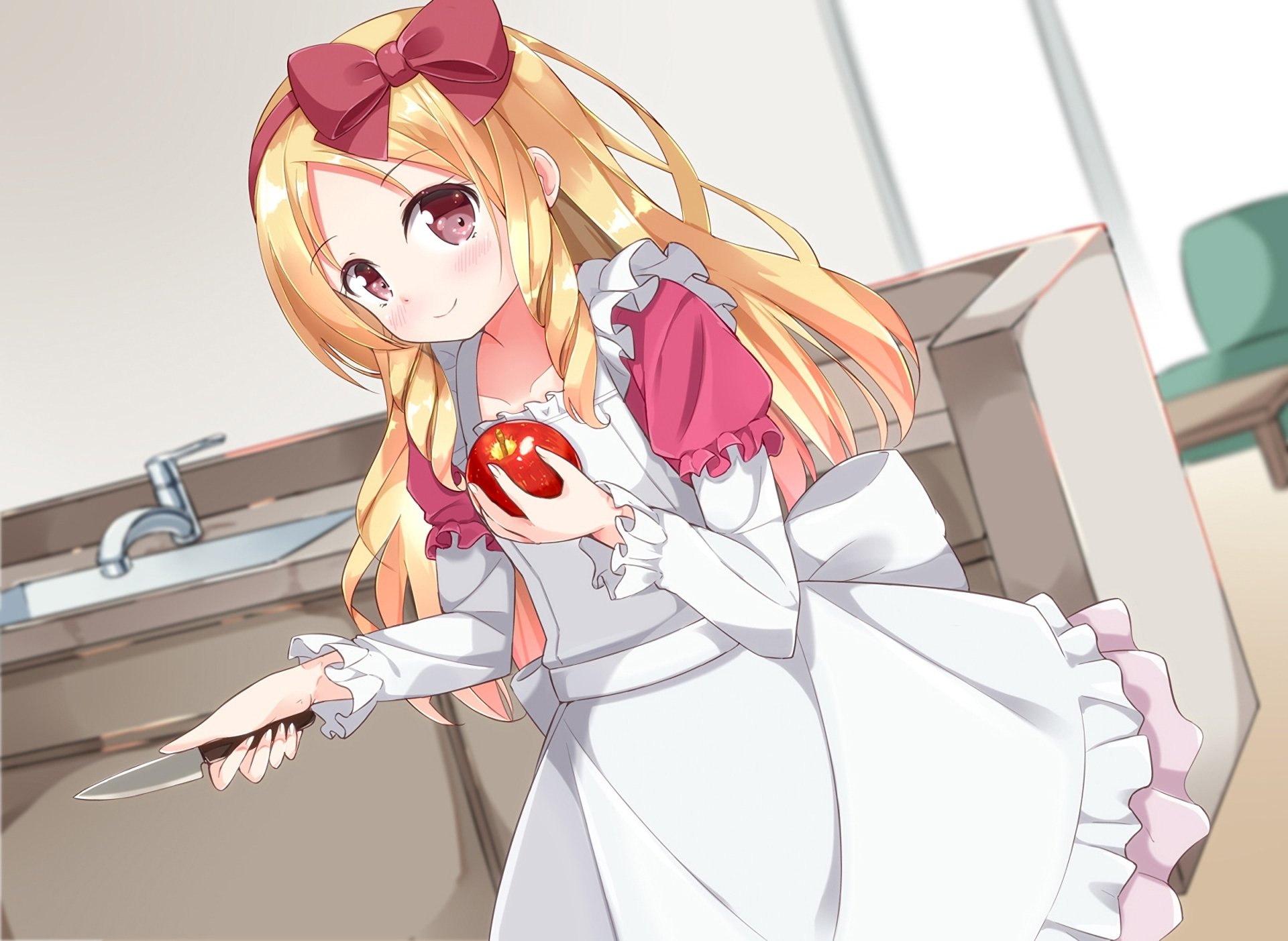 HD anime desktop wallpaper featuring Elf Yamada from EroManga-Sensei, shown chopping a tomato in a kitchen setting with soft, detailed artwork.