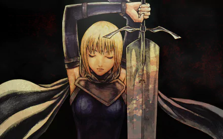 HD desktop wallpaper featuring Clare from the anime Claymore, showcasing her in armor holding a large sword with a dark background.