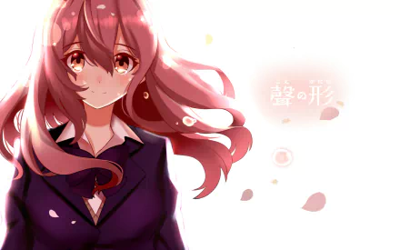HD desktop wallpaper featuring Shouko Nishimiya from the anime A Silent Voice, with soft colors and a gentle expression, accompanied by Japanese text.