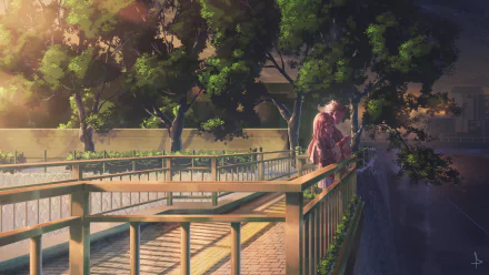HD wallpaper featuring Shouya Ishida and Shouko Nishimiya from the anime A Silent Voice, standing together on a peaceful bridge surrounded by lush trees and gentle evening light.