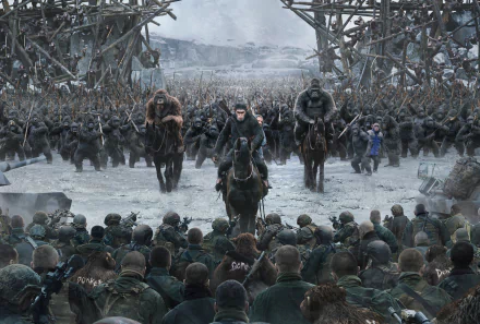 HD desktop wallpaper featuring a battle scene from the movie War For The Planet Of The Apes, where apes on horseback confront a large group of soldiers amidst a snowy, apocalyptic backdrop.