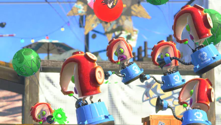 HD PC desktop wallpaper featuring colorful characters and vibrant elements from the video game Splatoon 2 in an energetic outdoor setting.