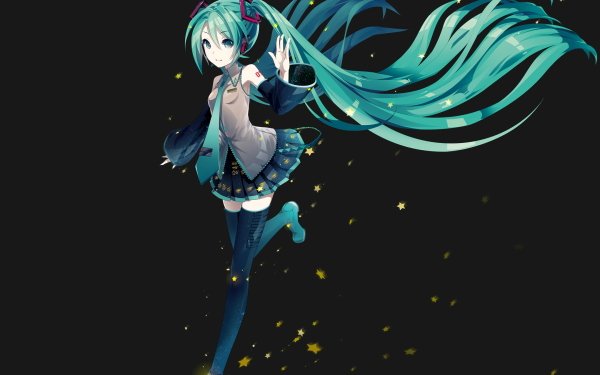 Anime Vocaloid Hatsune Miku Thigh Highs Twintails Long Hair Aqua Hair Aqua Eyes Headphones Star Tie HD Wallpaper | Background Image