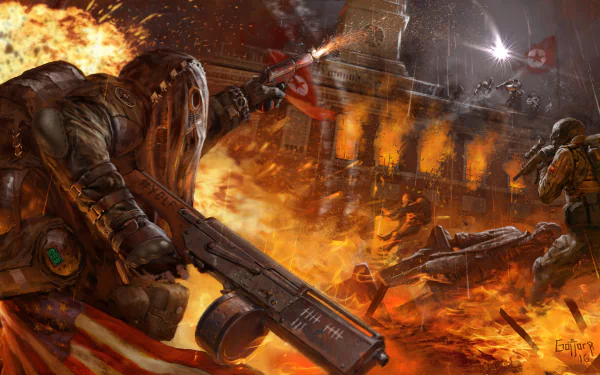 Homefront: The Revolution video game 5K Ultra HD PC wallpaper: armed soldiers firing amid urban battle, explosions and raging fires engulfing a burning cityscape, flags and debris fly through smoke.