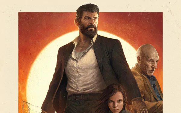HD desktop wallpaper featuring Hugh Jackman as Logan, Dafne Keen as X-23, and Patrick Stewart as Charles Xavier against a sunlit backdrop from the movie Logan.