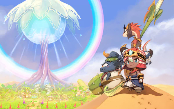 Ever Oasis video game 8K Ultra HD PC desktop wallpaper: colorful chibi adventurers and animal companions on a dune looking toward a glowing oasis tree under a rainbow sky.