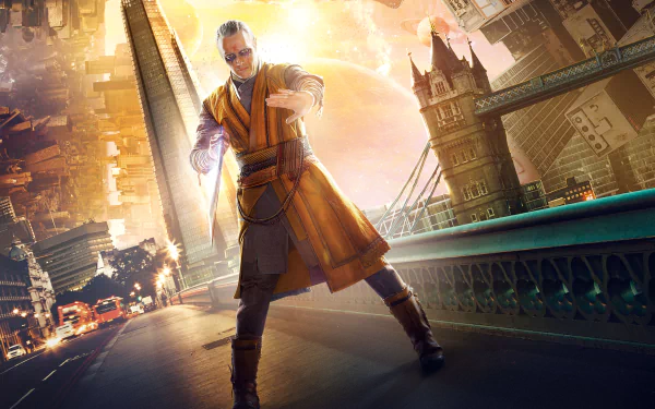 Doctor Strange casting a spell on a city bridge at sunset, featured in a vibrant 4K Ultra HD PC desktop wallpaper from the Doctor Strange movie.