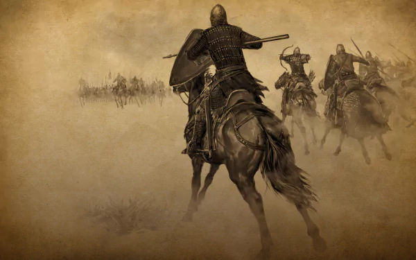 HD PC desktop wallpaper from the video game Mount & Blade, depicting armored warriors on horseback charging into battle through a dusty battlefield.